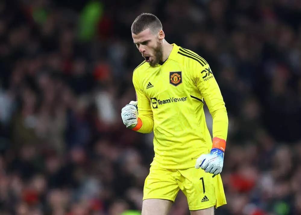 Soccer Football - FA Cup Third Round - Manchester United v Everton - Old Trafford, Manchester, Britain - January 6, 2023 Manchester United's David de Gea celebrates their second goal REUTERS/Carl Recine